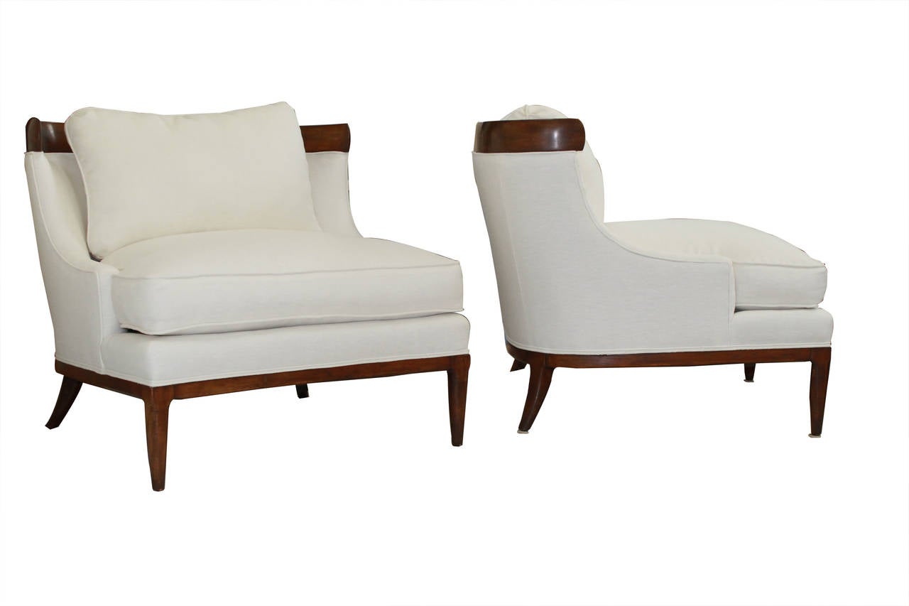Pair of chairs designed by Erwin-Lambeth for Tomlinson Sophisticates. Walnut frame with white linen.