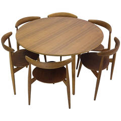 Hans Wegner Round Dining Table and Matching Heart Shaped Chairs for Fritz Hansen