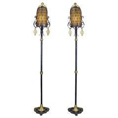 Antique Pair of Wrought Iron Floor Lamps with Celluloid Shade Liners
