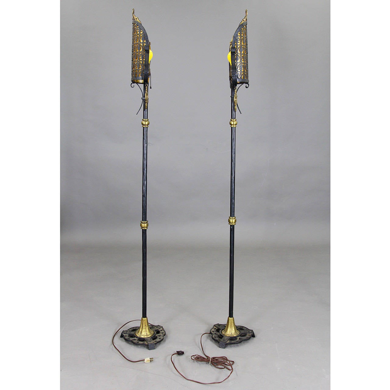 Art Deco Pair of Wrought Iron Floor Lamps with Celluloid Shade Liners