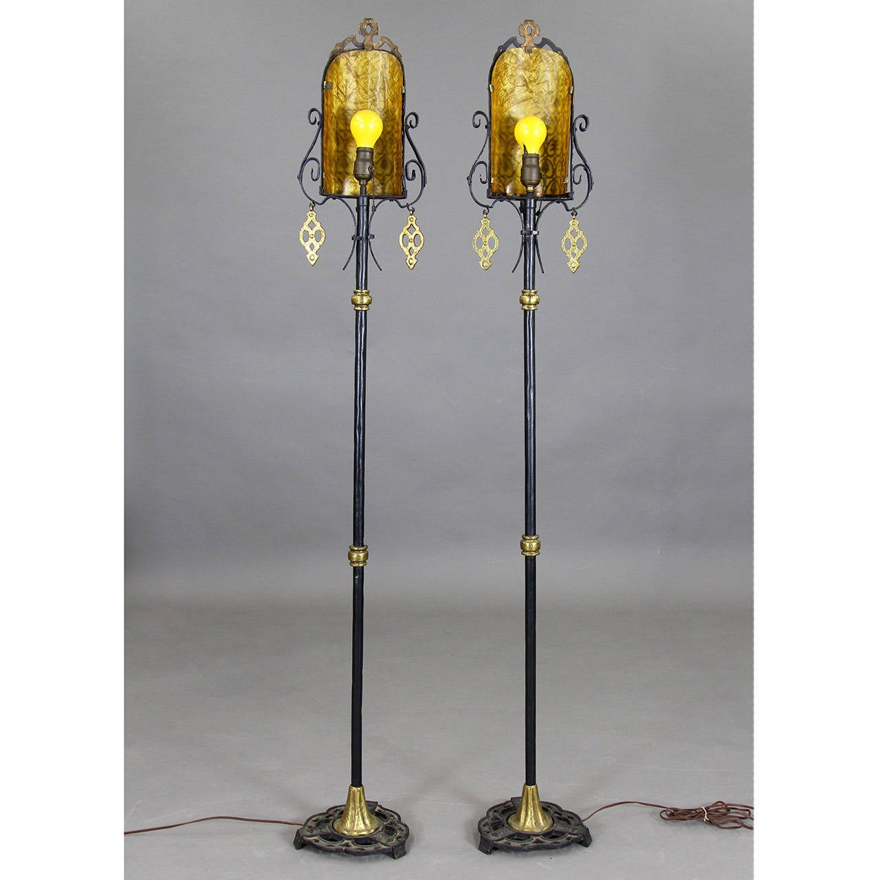 Pair of Wrought Iron Floor Lamps with Celluloid Shade Liners In Excellent Condition In Bridport, CT