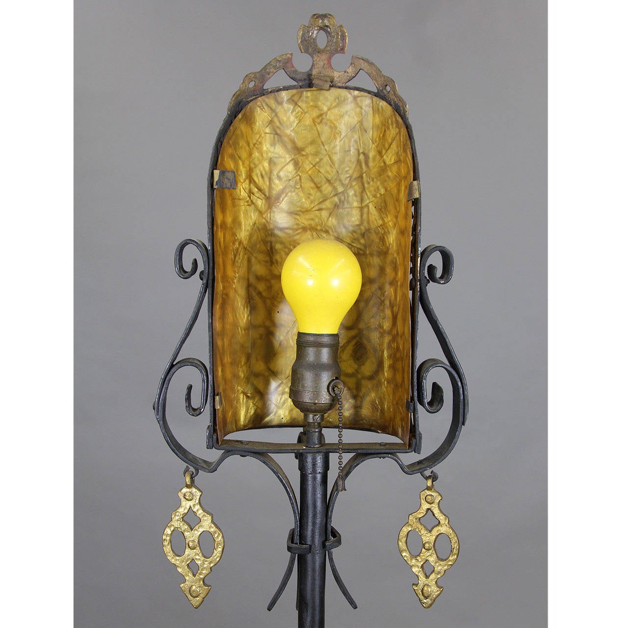 Unknown Pair of Wrought Iron Floor Lamps with Celluloid Shade Liners