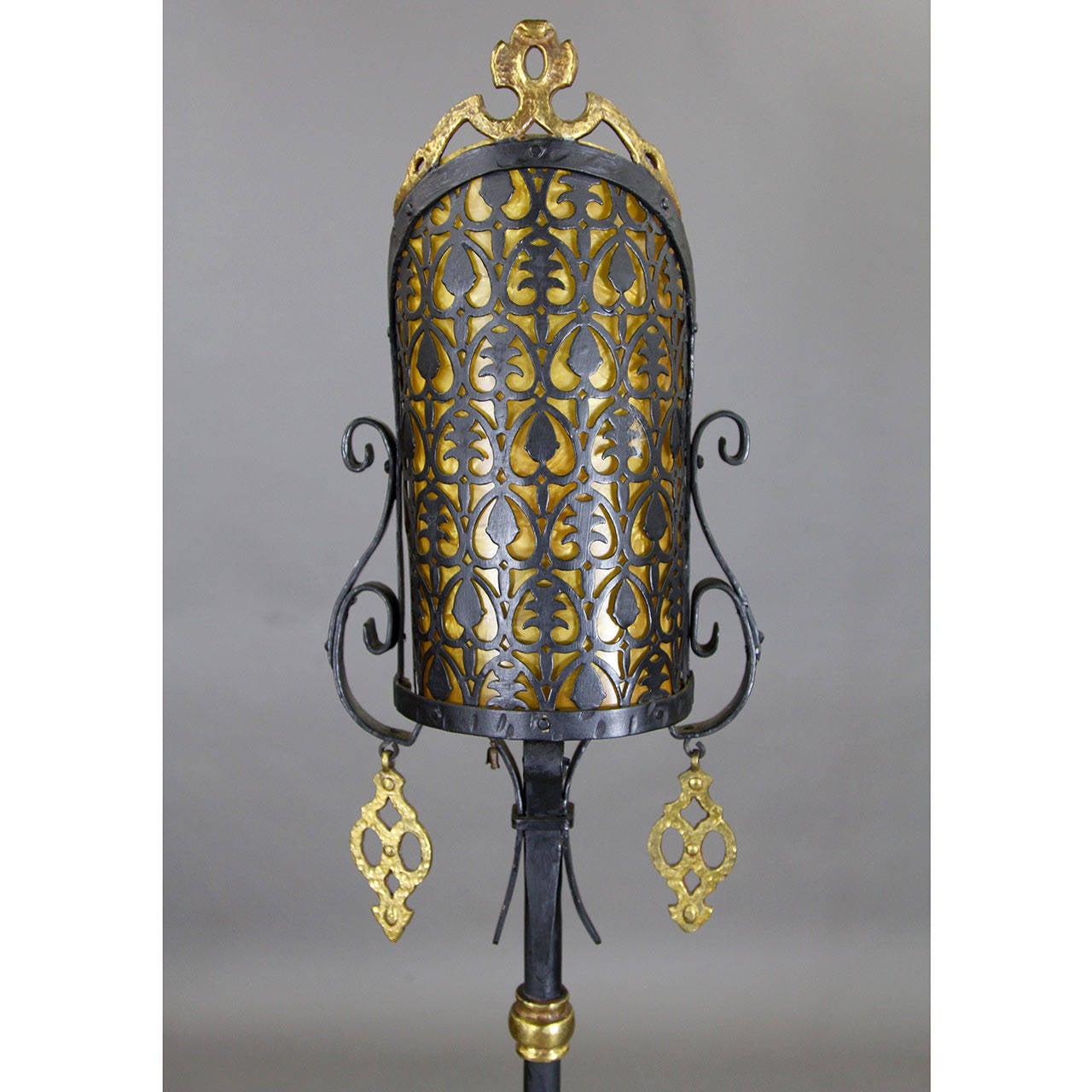 Bronze Pair of Wrought Iron Floor Lamps with Celluloid Shade Liners