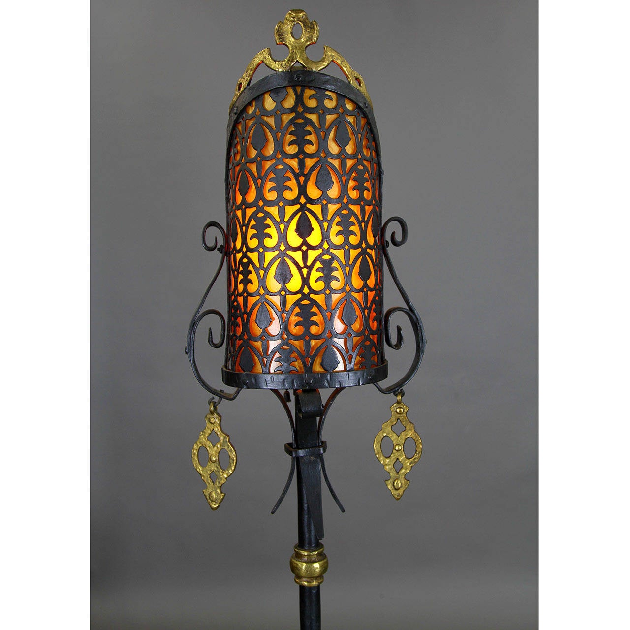 20th Century Pair of Wrought Iron Floor Lamps with Celluloid Shade Liners