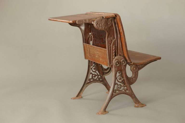 19th Century Rare Antique Cast Iron and Oak School Desk with Foldable Bench and Desk Surface