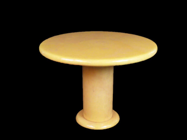 Karl Spring style goatskin round dining or bistro table.  Lacquered finish over genuine goatskin.