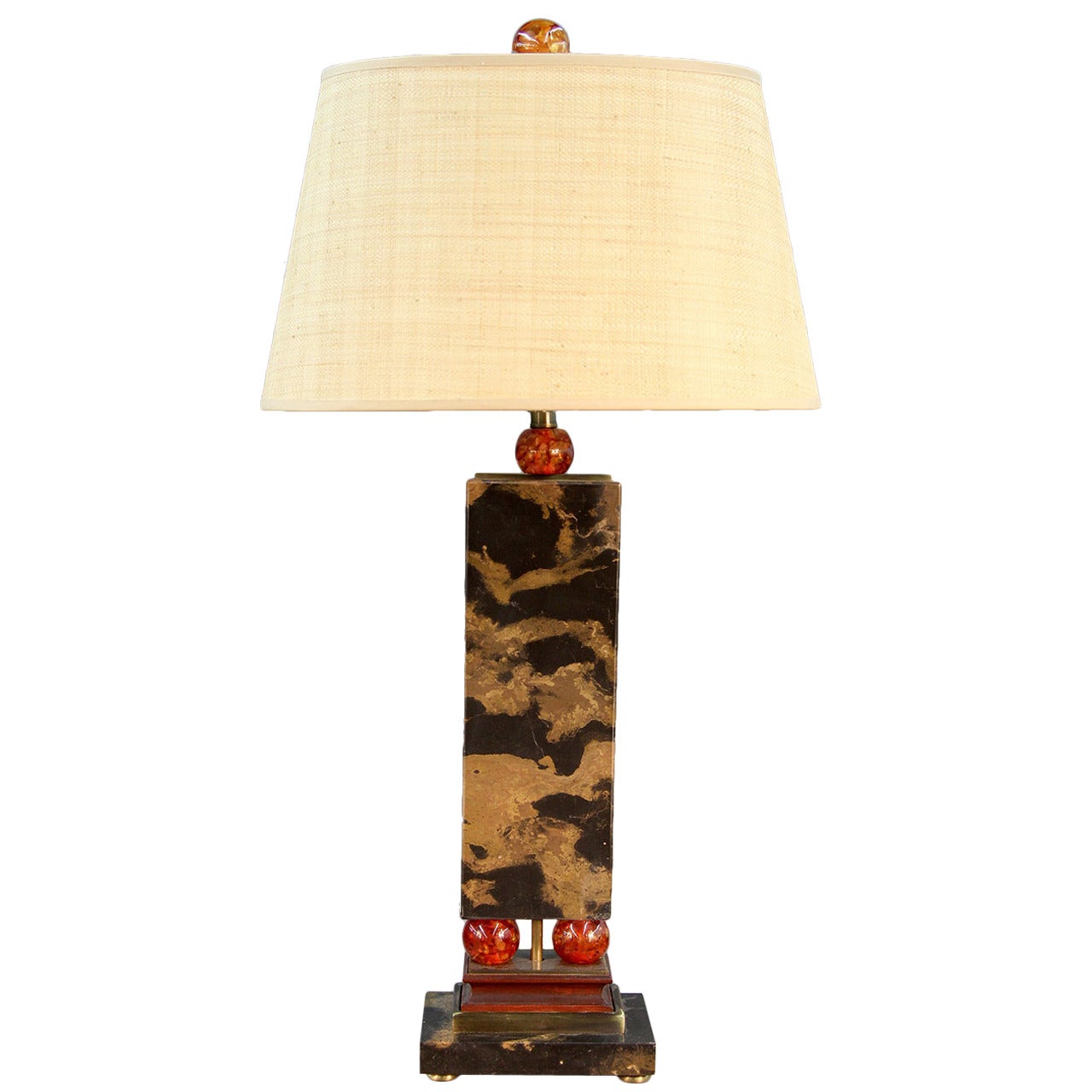 Unique Art Deco Black/Brown Marble Table Lamp with Orange Acrylic Accents For Sale