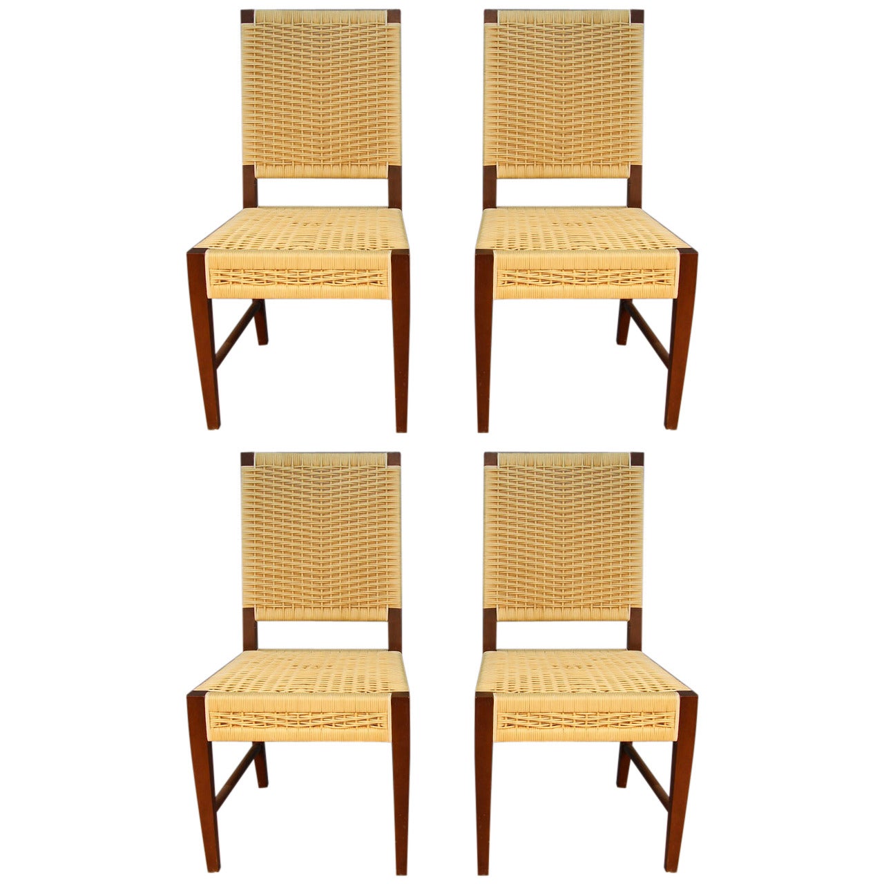 Set of Four Donghia Dining Chairs in Merbau Wood with Raffia Weaving