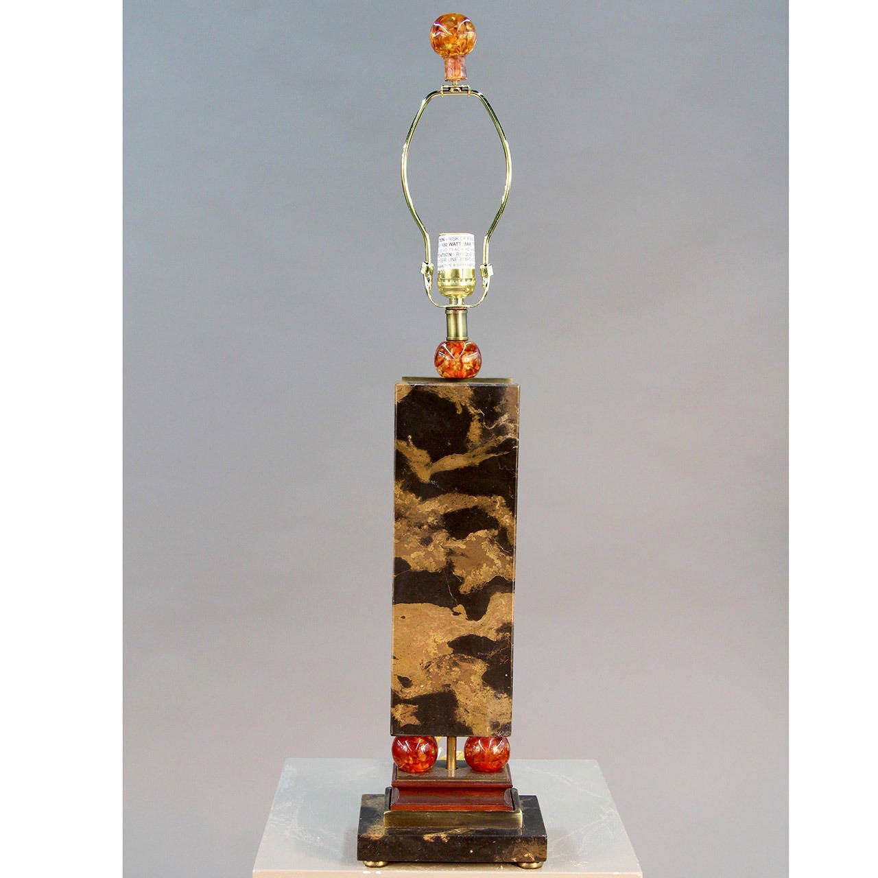 Unique tall marble table lamp with orange acrylic balls and bronze accents. New 14