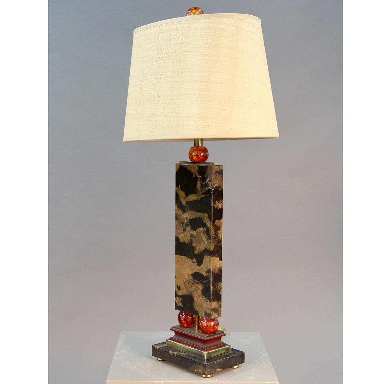 Brass Unique Art Deco Black/Brown Marble Table Lamp with Orange Acrylic Accents For Sale
