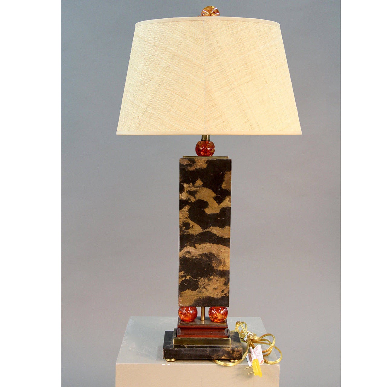 French Unique Art Deco Black/Brown Marble Table Lamp with Orange Acrylic Accents For Sale