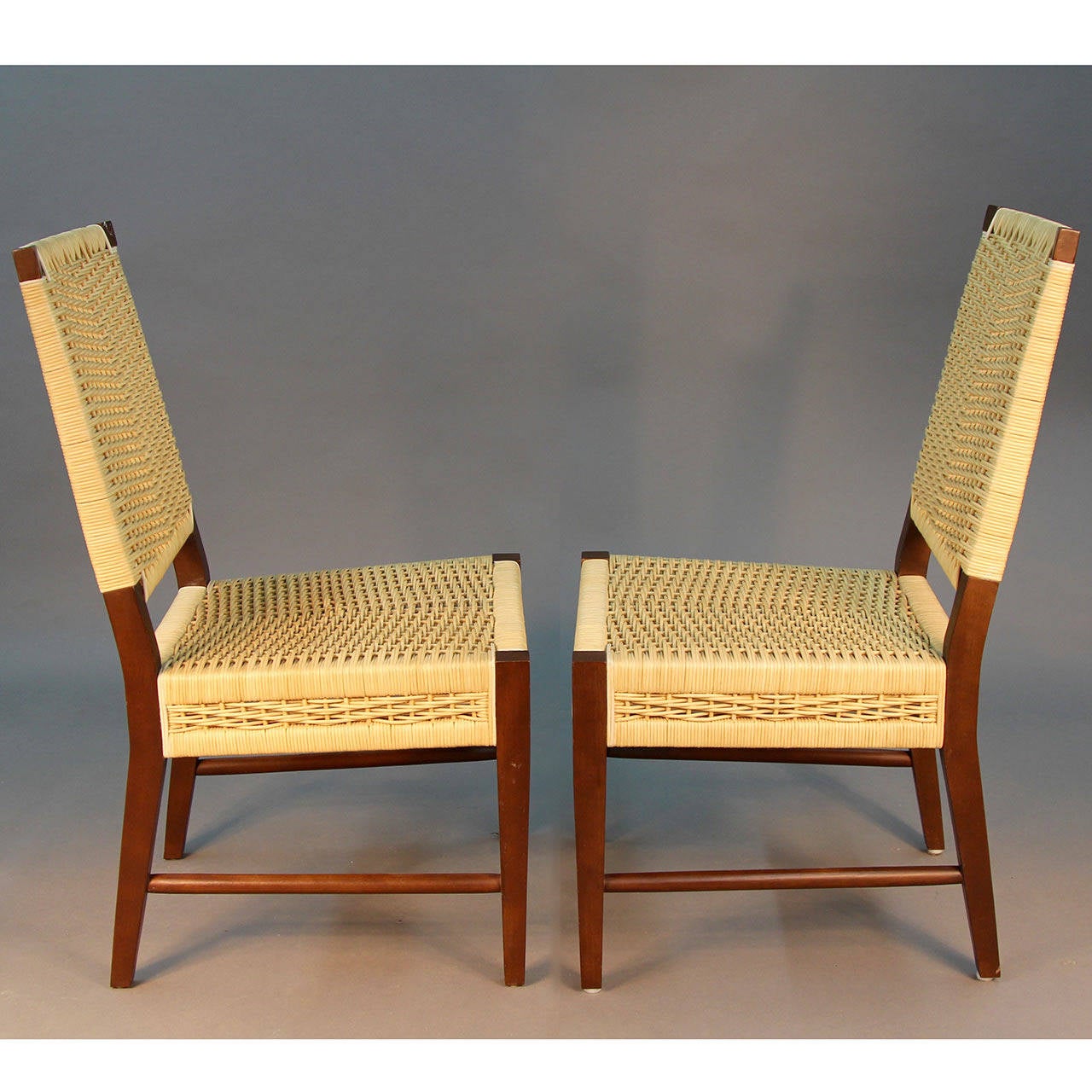 American Set of Four Donghia Dining Chairs in Merbau Wood with Raffia Weaving