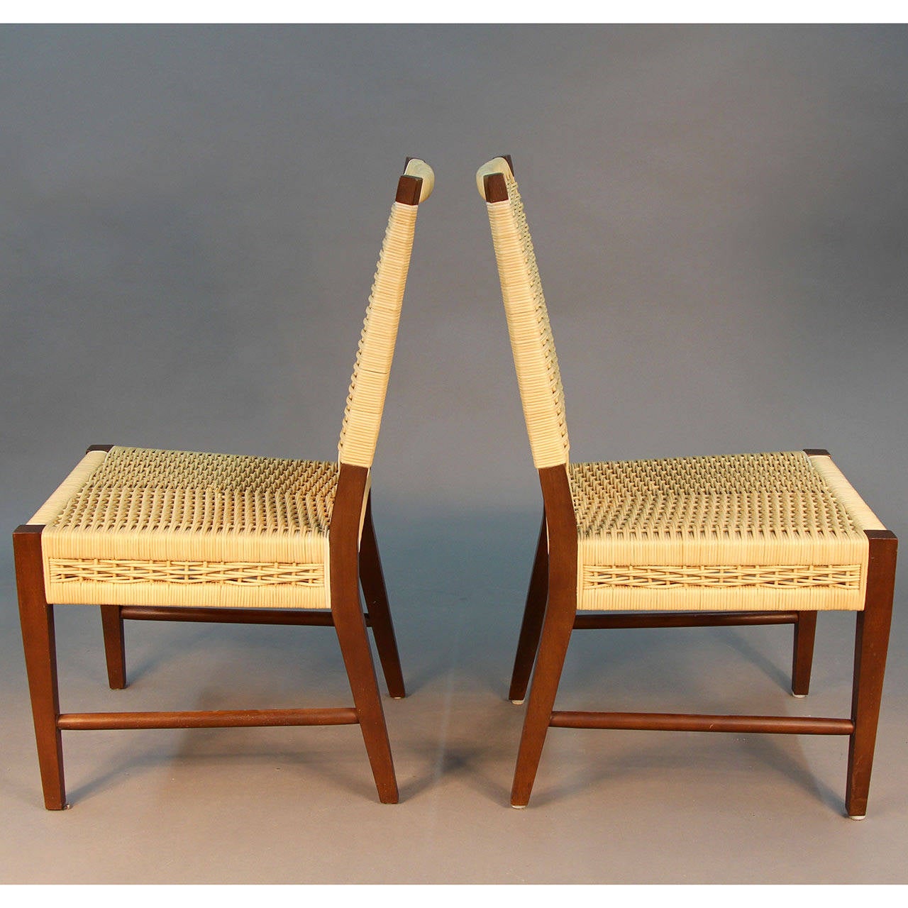 Mid-Century Modern Set of Four Donghia Dining Chairs in Merbau Wood with Raffia Weaving