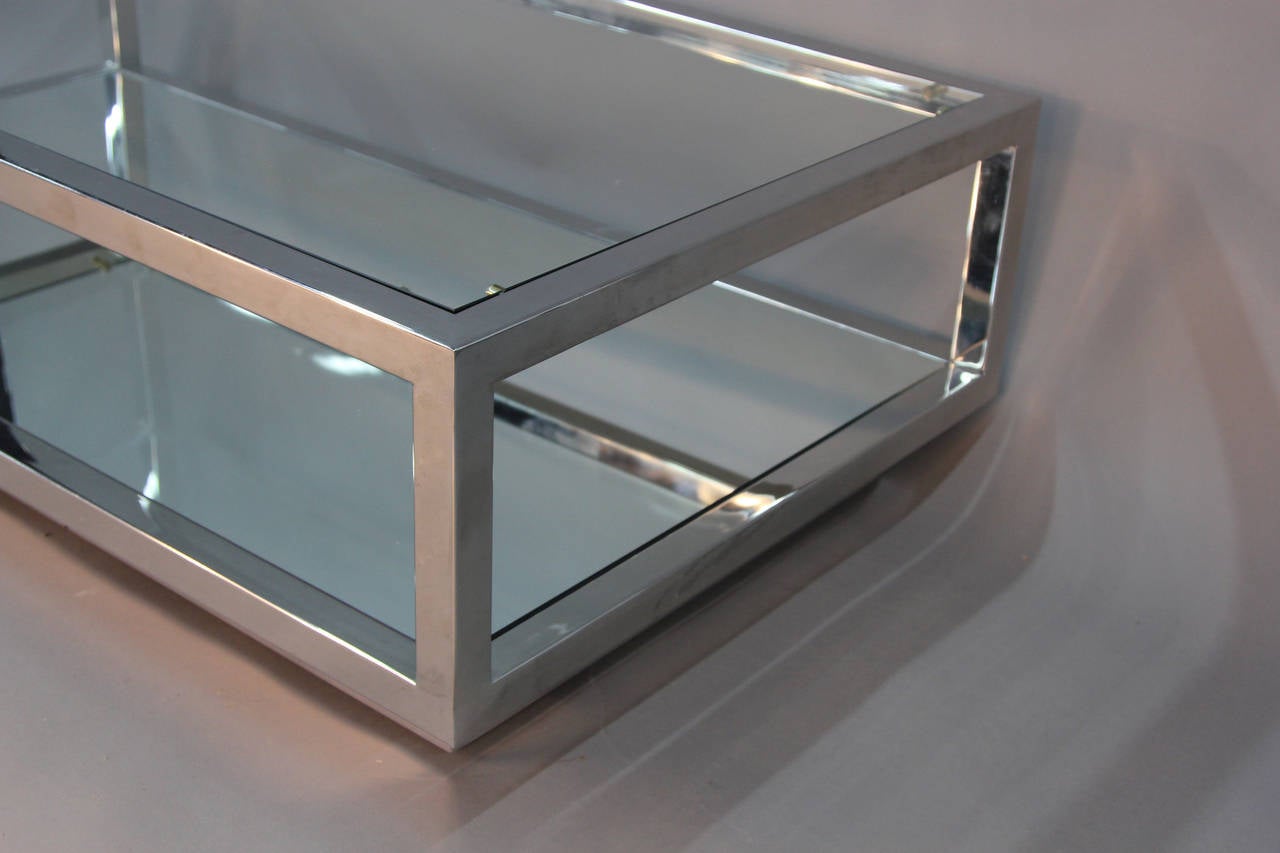 Chrome and Glass Top Coffee Table with Mirrored Shelf Attributed Cy Mann In Excellent Condition In Bridport, CT