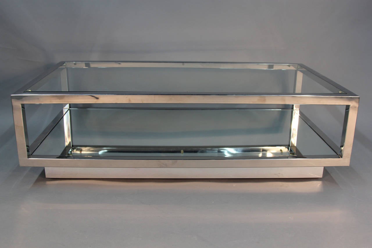 Late 20th Century Chrome and Glass Top Coffee Table with Mirrored Shelf Attributed Cy Mann