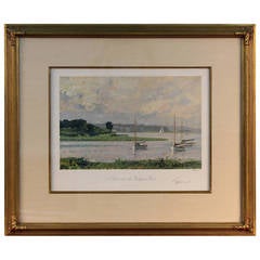 Vintage Signed Art Print of Sailboats on the Westport River Painting by John Stobart