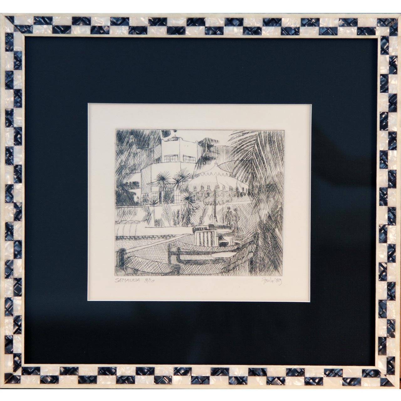 Pair of signed prints from a small edition based on original etchings of Belmond La Samanna, a famed hotel on the half-French, half-Dutch island of St. Martin (St. Maarten) in the French West Indies. The resort is renowned for its Mediterranean