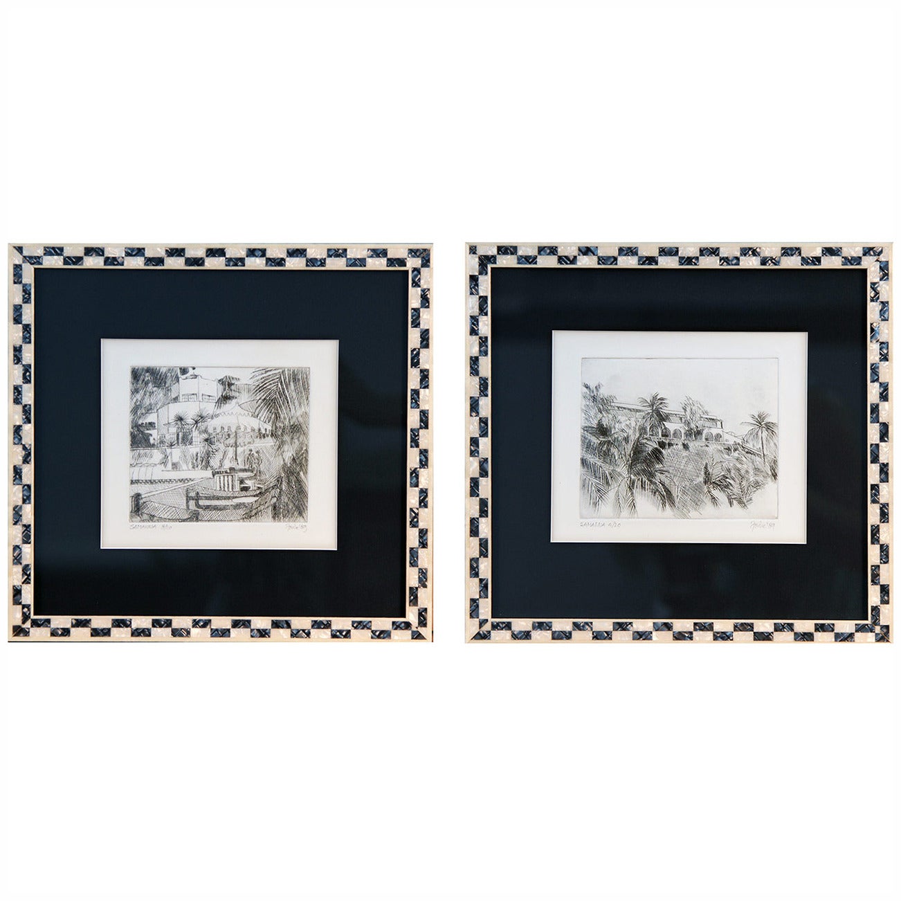 Pair of Signed “La Samanna” Prints in Mother of Pearl Frames For Sale