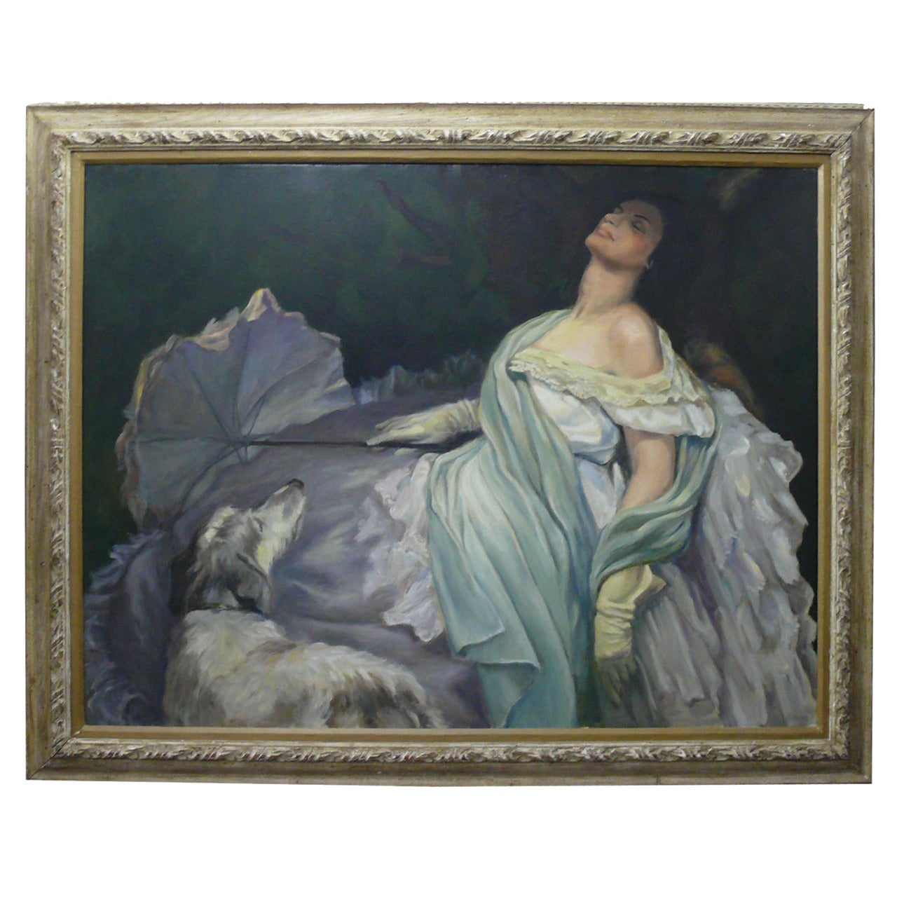 Reclining Woman with Dog Painting by C. H. Hanford For Sale