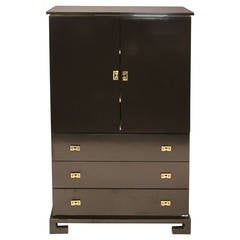 Black Lacquer Asian Cabinet with Brass Accents