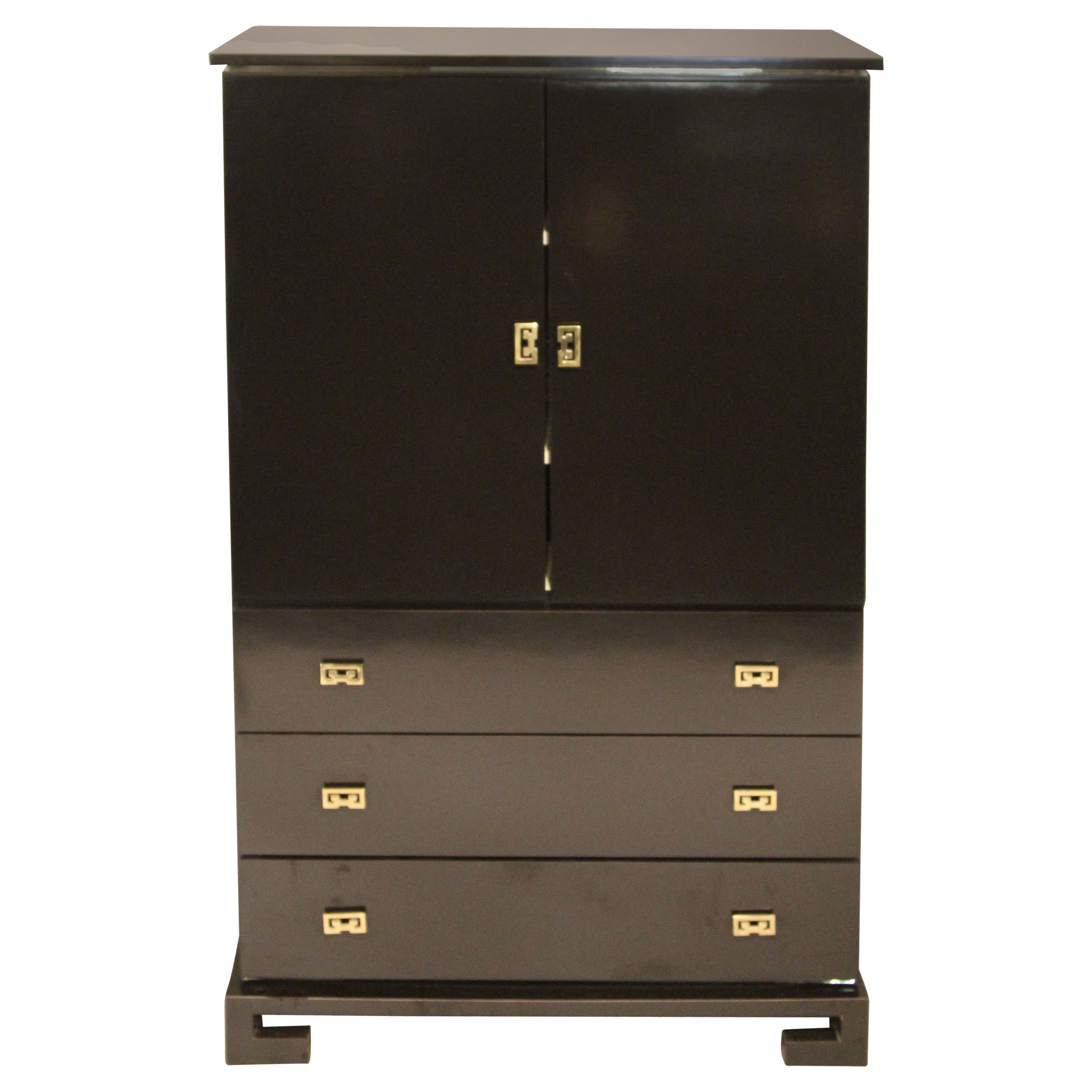 Black Lacquer Asian Cabinet with Brass Accents For Sale