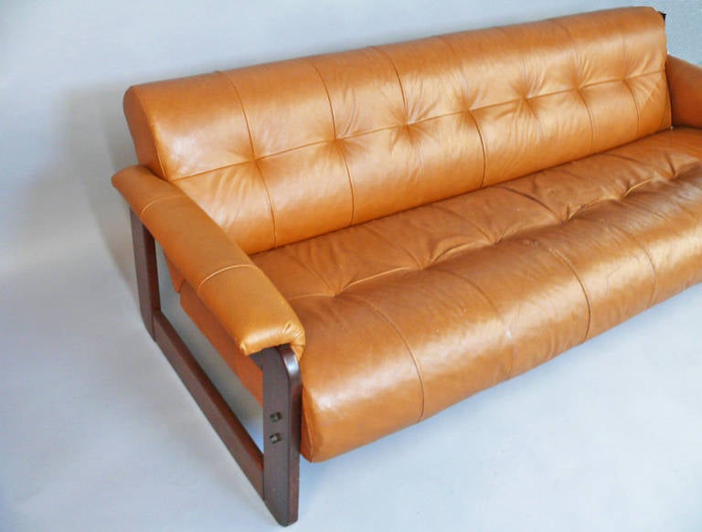 Brazilian Percival Lafer Vintage Leather and Rosewood Sofa
