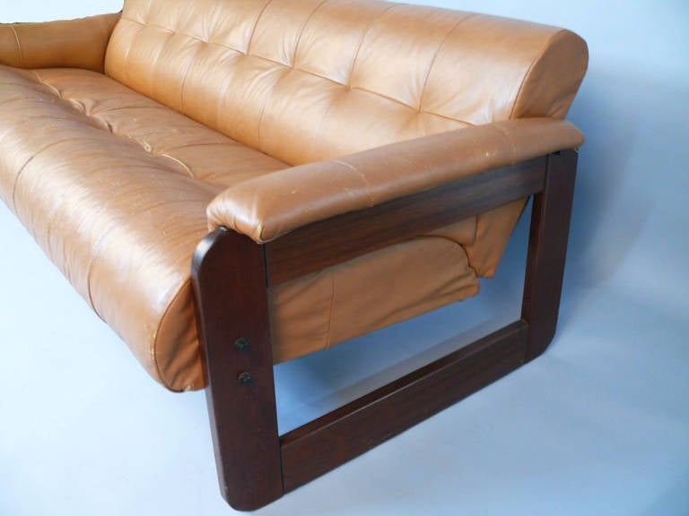 Percival Lafer Vintage Leather and Rosewood Sofa In Fair Condition In Bridport, CT