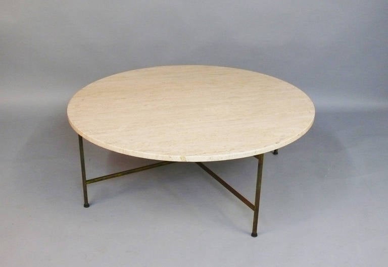 Paul McCobb Travertine and Brass Base Round Coffee or Cocktail Table In Distressed Condition In Bridport, CT
