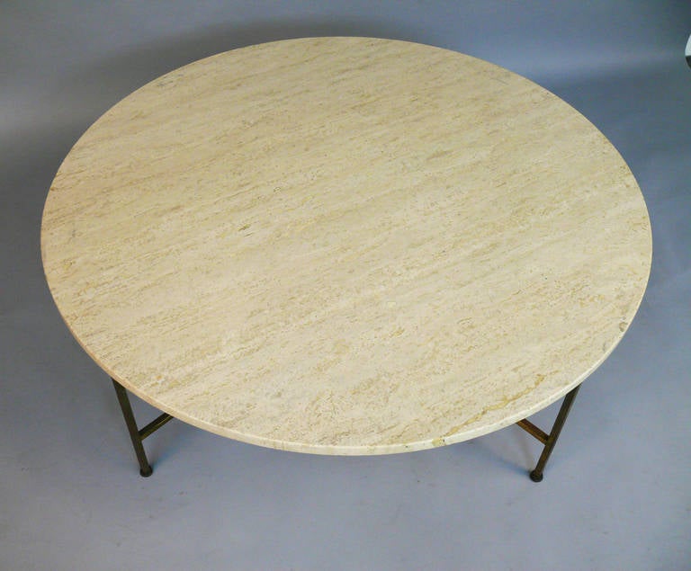 Mid-20th Century Paul McCobb Travertine and Brass Base Round Coffee or Cocktail Table