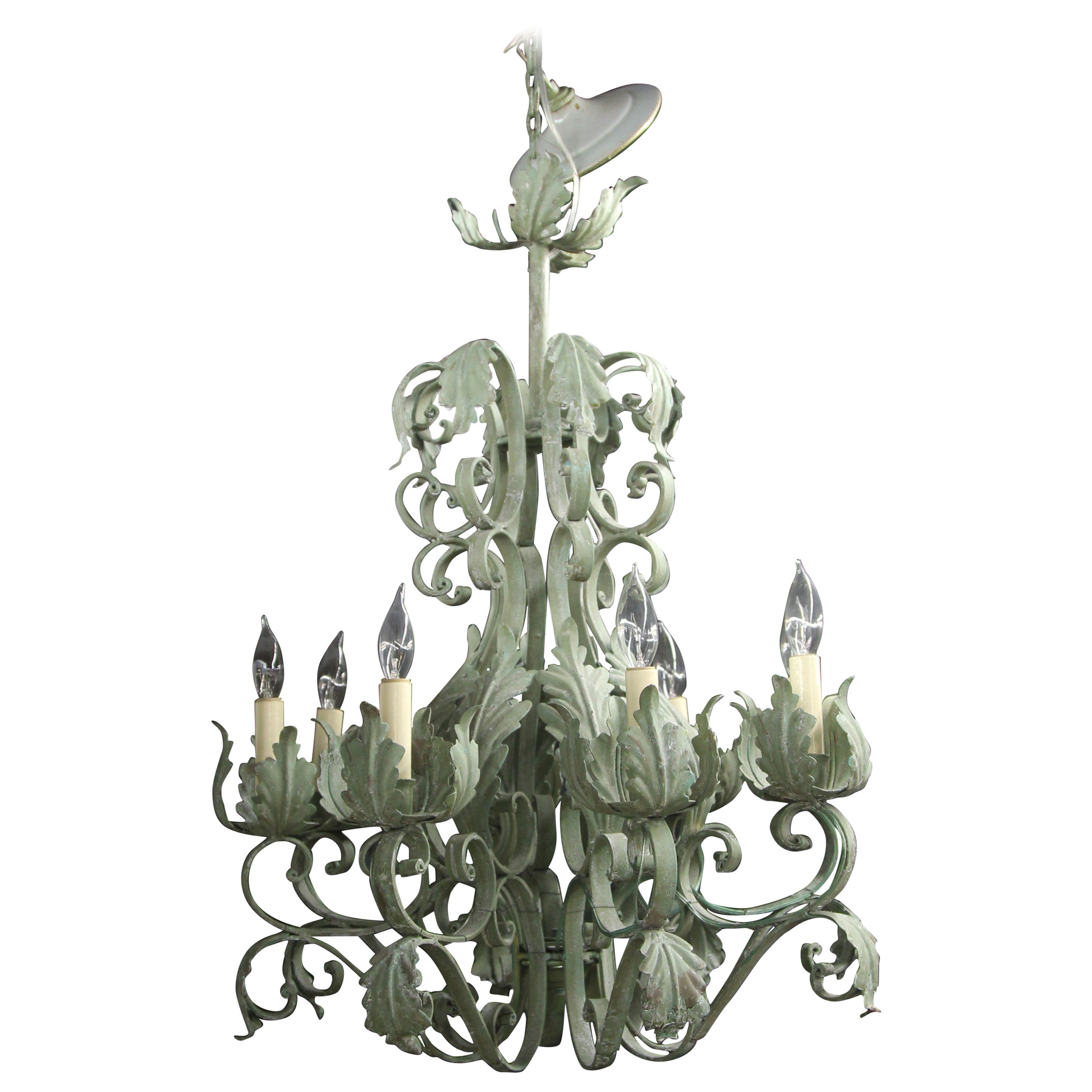 French Chandelier with Green Tole For Sale