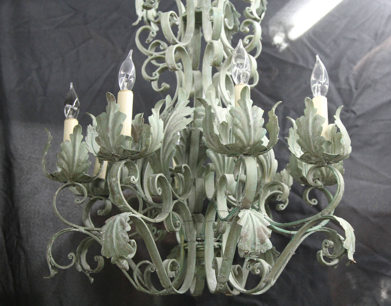 French Provincial French Chandelier with Green Tole For Sale
