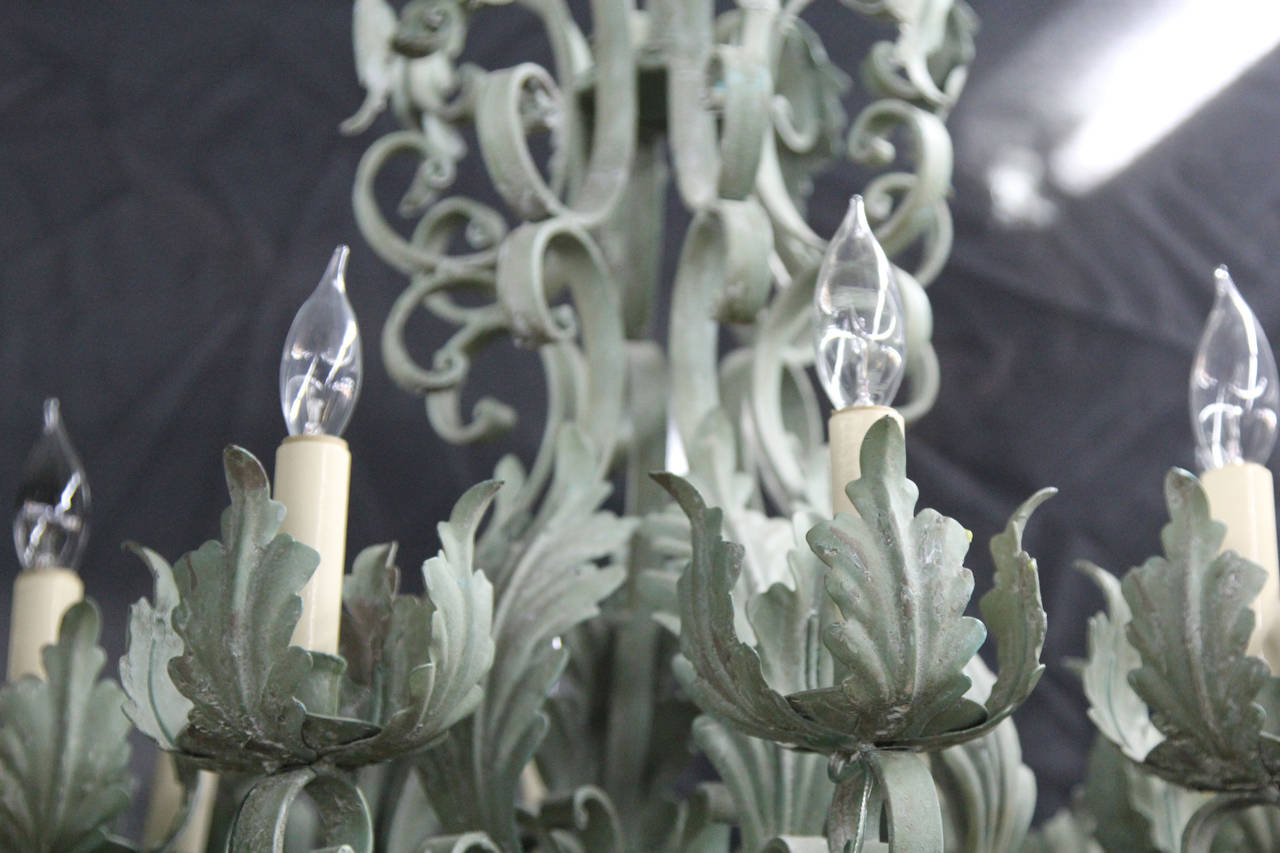 Painted French Chandelier with Green Tole For Sale