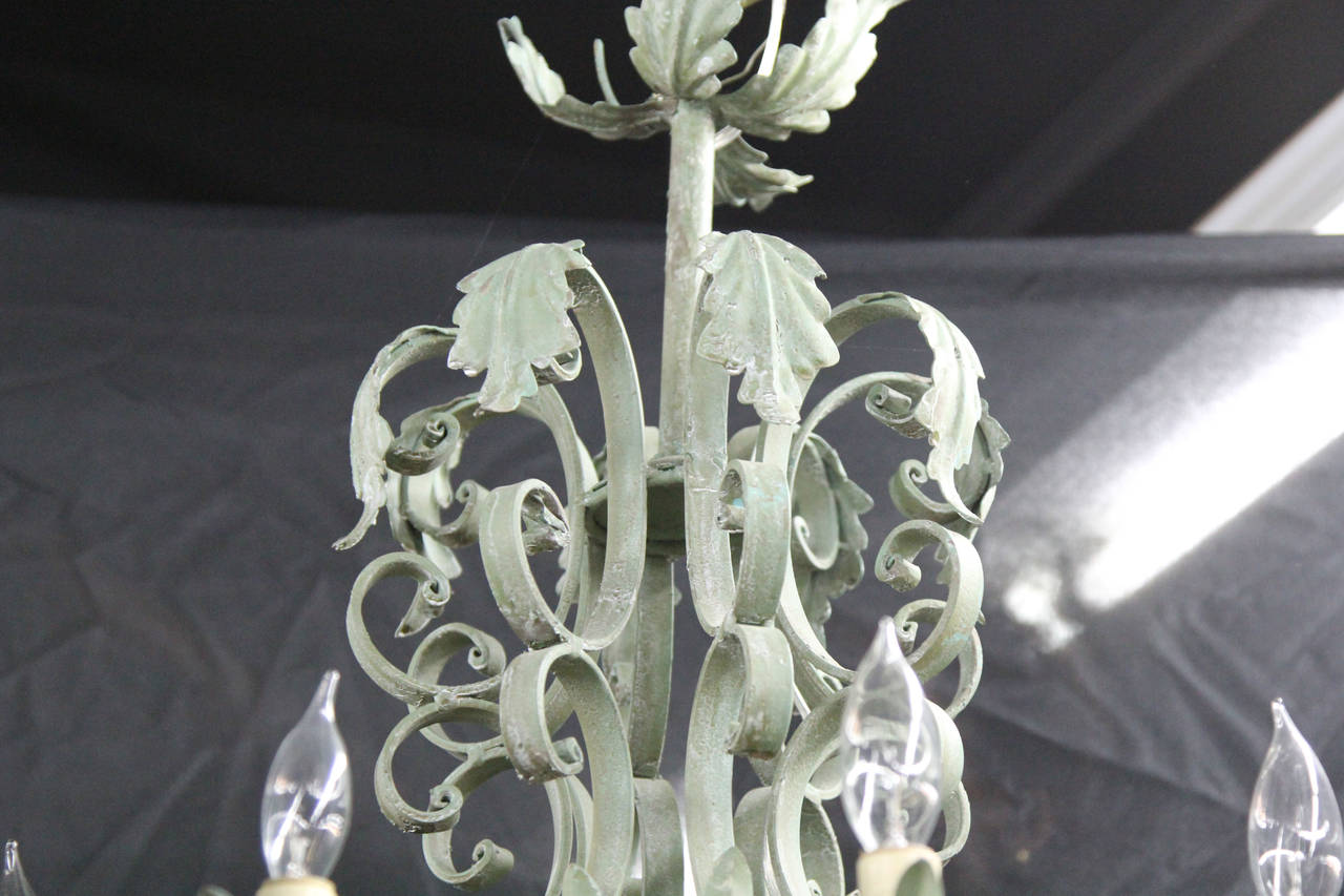 Metal French Chandelier with Green Tole For Sale