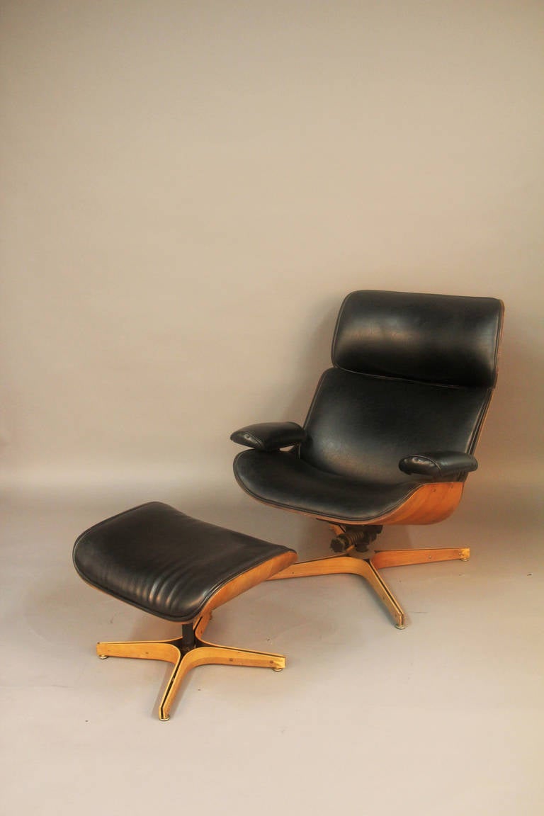 Leather George Mulhauser Mr. Chair Lounge Chair and Ottoman by Plycraft