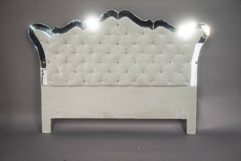 Mirrored Vintage Queen Headboard Newly Upholstered in Silver Grey Fabric
