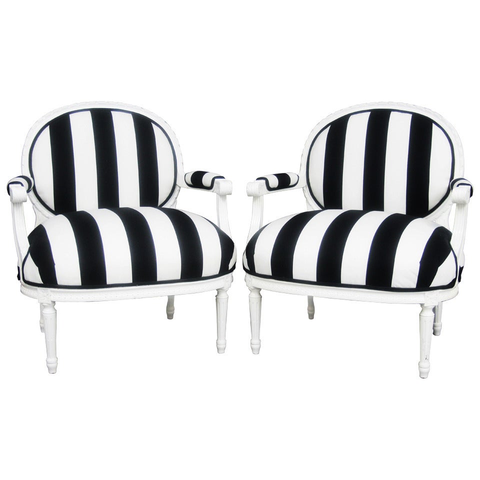 Pair of Hollywood Regency Style Chairs in Black and White Stripes