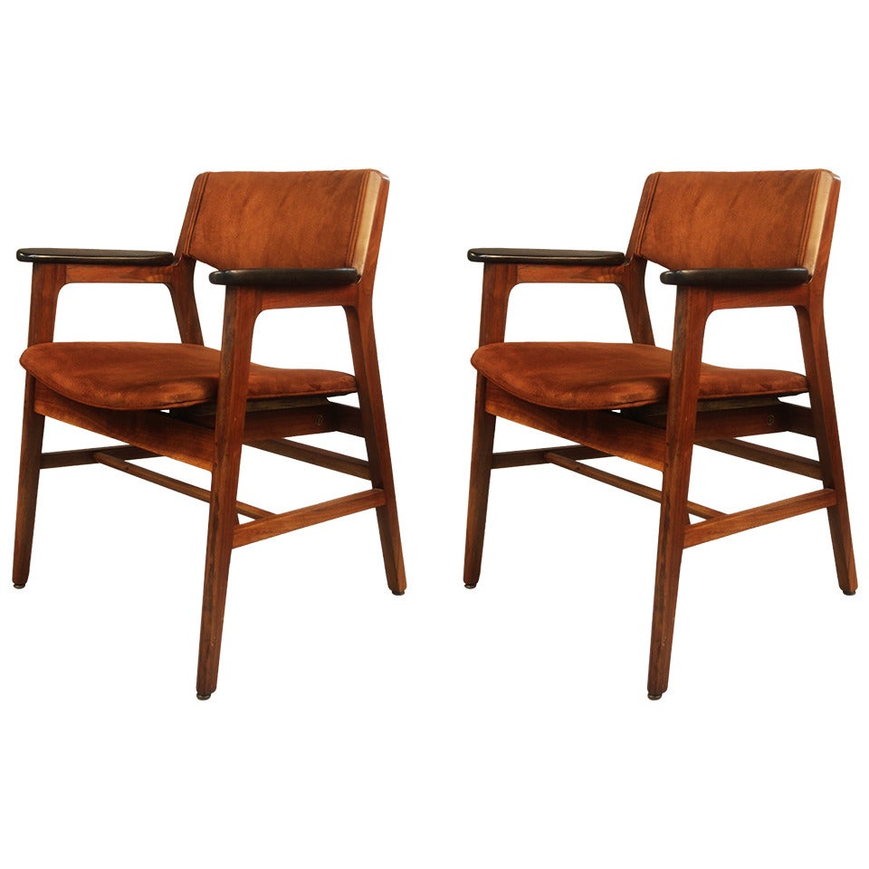 Pair of Gunlocke Chairs in Walnut with Suede Upholstery