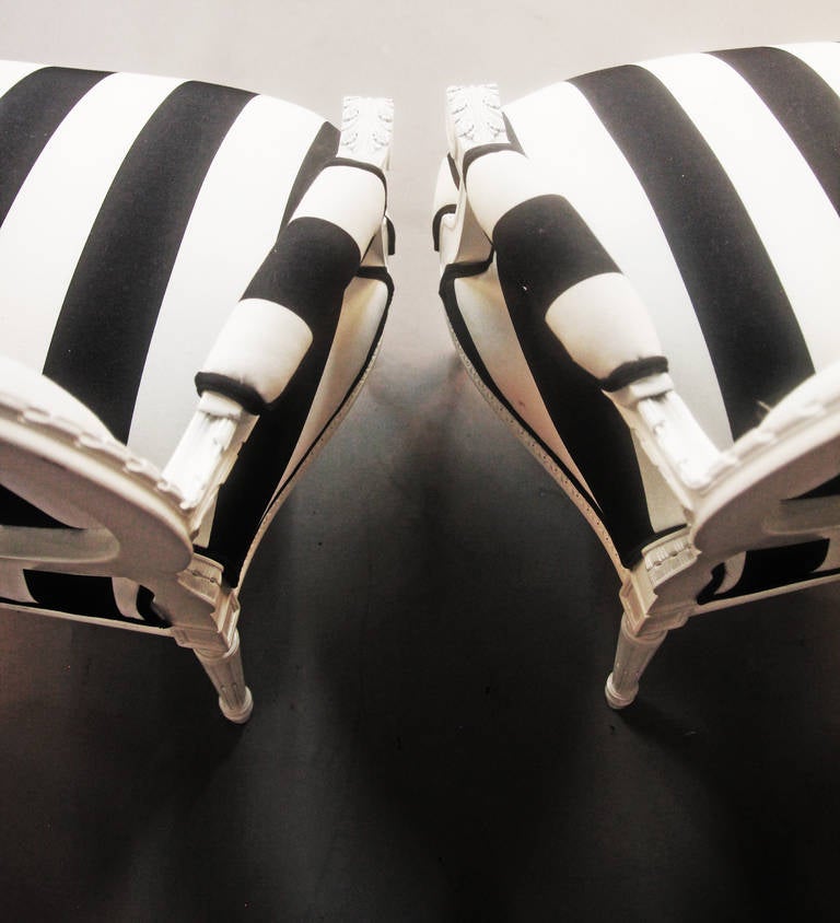 Wood Pair of Hollywood Regency Style Chairs in Black and White Stripes