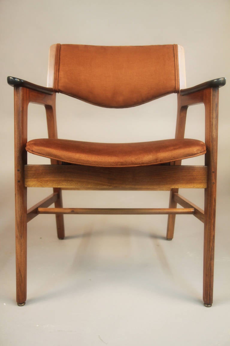 American Pair of Gunlocke Chairs in Walnut with Suede Upholstery