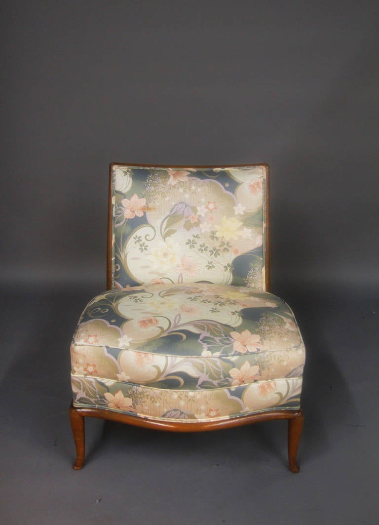 Beautiful printed upholstered Robsjohn-Gibbings Slipper chair for Widdicomb.