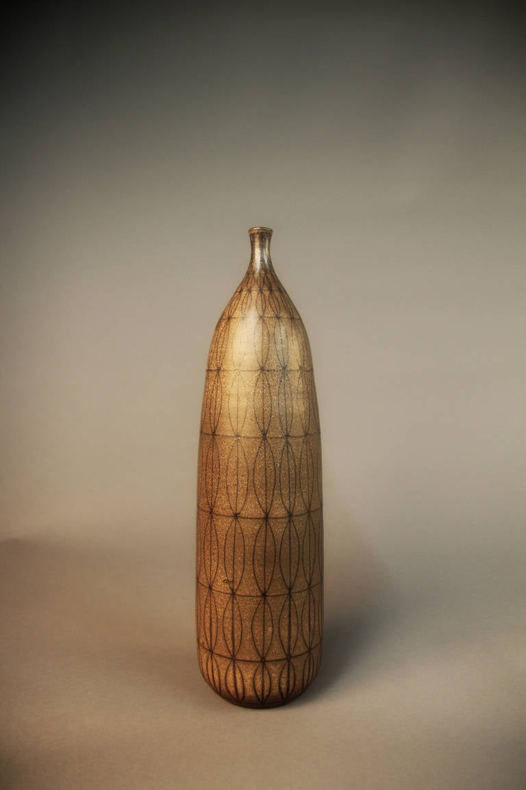 Stunning tall hand thrown cylindrical vessel. Clyde Burt is widely recognized as a pioneer in the American studio ceramics movement. His pieces are highly sought after and are in the permanent collections of the Smithsonian American Art Museum and