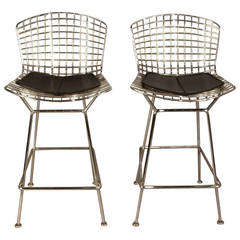 Pair of Harry Bertoia for Knoll Bar Stools in Chrome with Black Leather