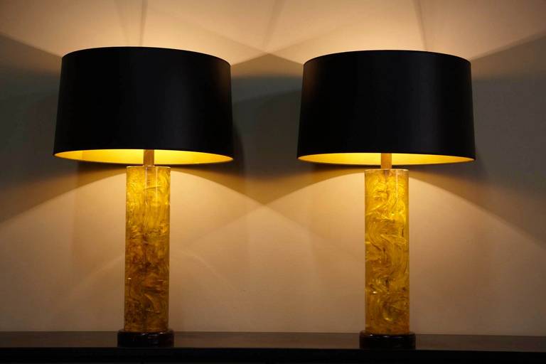 American Rare Pair of Swirled Amber Resin Lucite Table Lamps