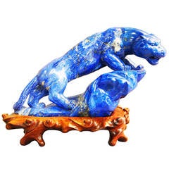 Very Large Chinese Blue Lapis Panther on Wooden Base