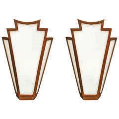 Antique Pair of Large French Art Deco Bronze Slag Glass Wall Sconces