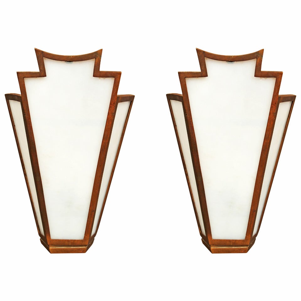 Pair of Large French Art Deco Bronze Slag Glass Wall Sconces