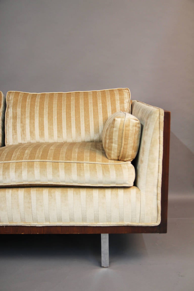 Beautiful Milo Baughman Case Sofa on chrome legs.  Wooden frame with camel colored velvet upholstery in great condition.

Matching loveseat also available.