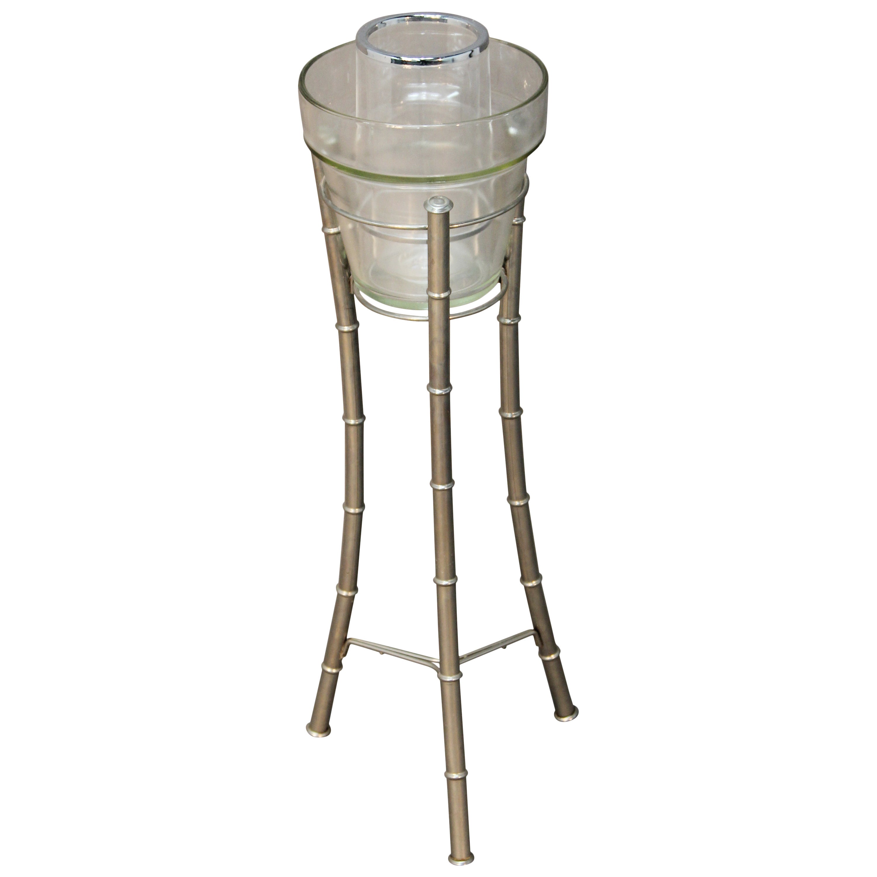 Chrome Faux Bamboo, Lucite and Glass Ice Bucket on Stand For Sale