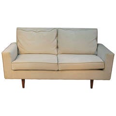 Mid-Century Modern Velvet Loveseat with Leather Piping