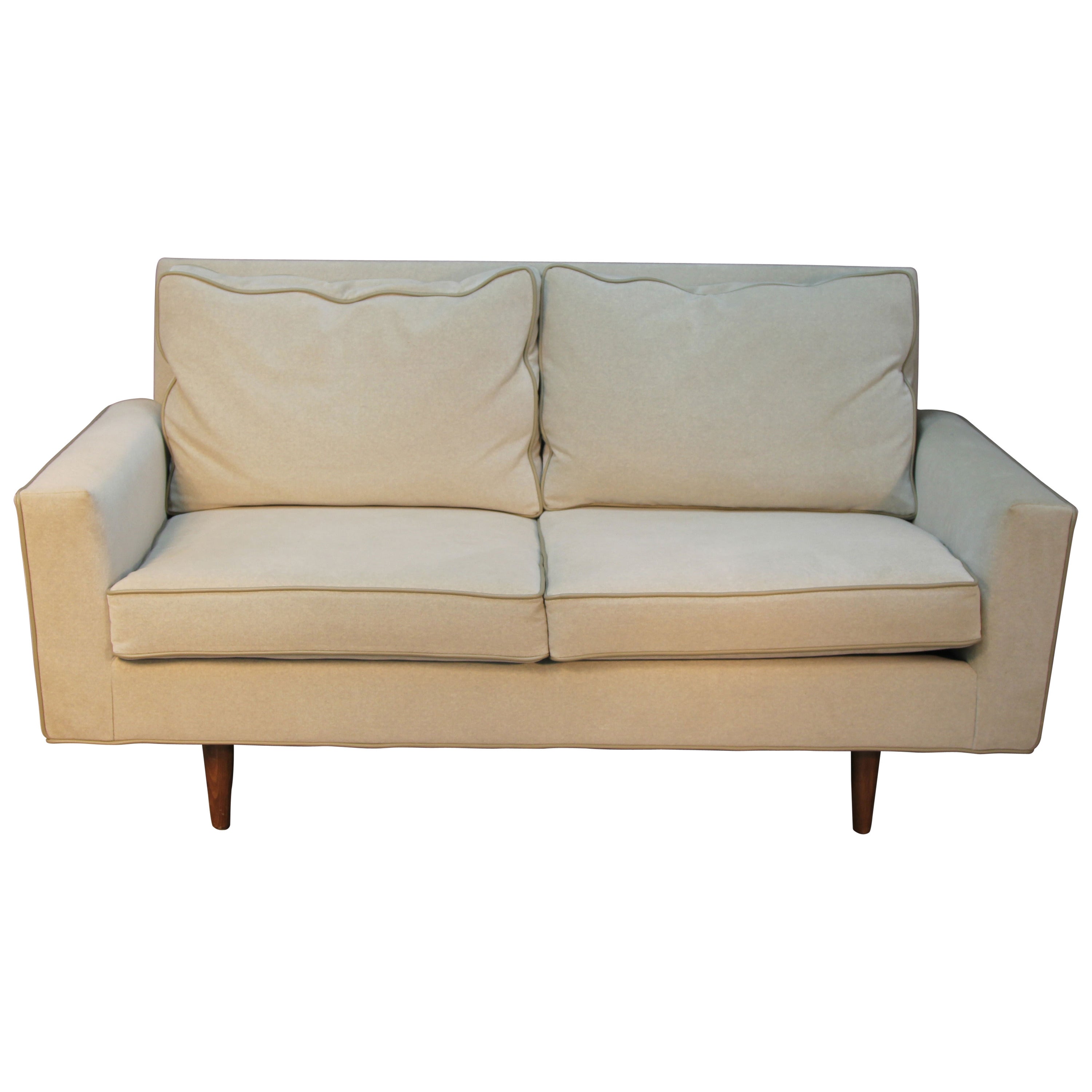 Mid-Century Modern Velvet Loveseat with Leather Piping For Sale